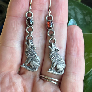 Garnet Howling Wolf Dangle Earrings